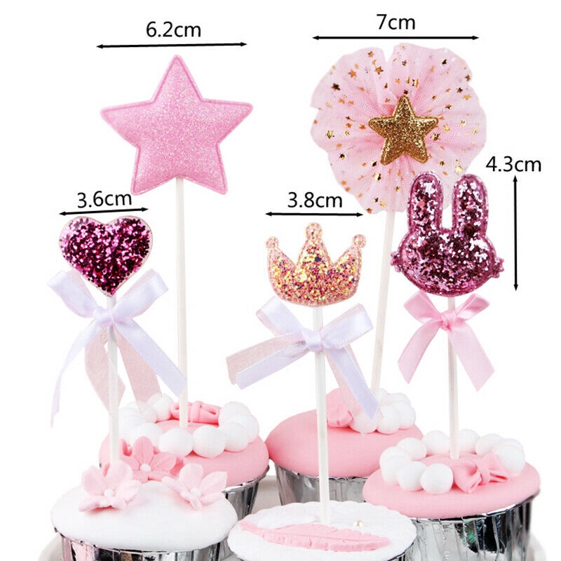 5pcs / set Topper Kue Bentuk Bintang Hati Mahkota Warna Pink Untuk Dekorasi Pesta Ulang Tahun Anak