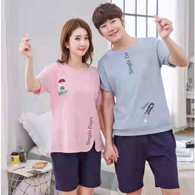 Baju tidur piyama lengan pendek celana pendek bahan kaos import HPcouple