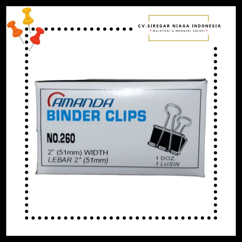 

Binder Clips / Paper Clip / Klip Penjepit Kertas Merk AMANDA Ukuran 51mm No. 260 (1 Kotak Isi 12 Pcs) ORI Murah Berkualitas