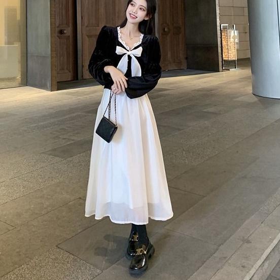 Paling Dicari Baru Perancis Hepburn Dress Retro Temperamen Beludru Palsu Rok Dua Potong