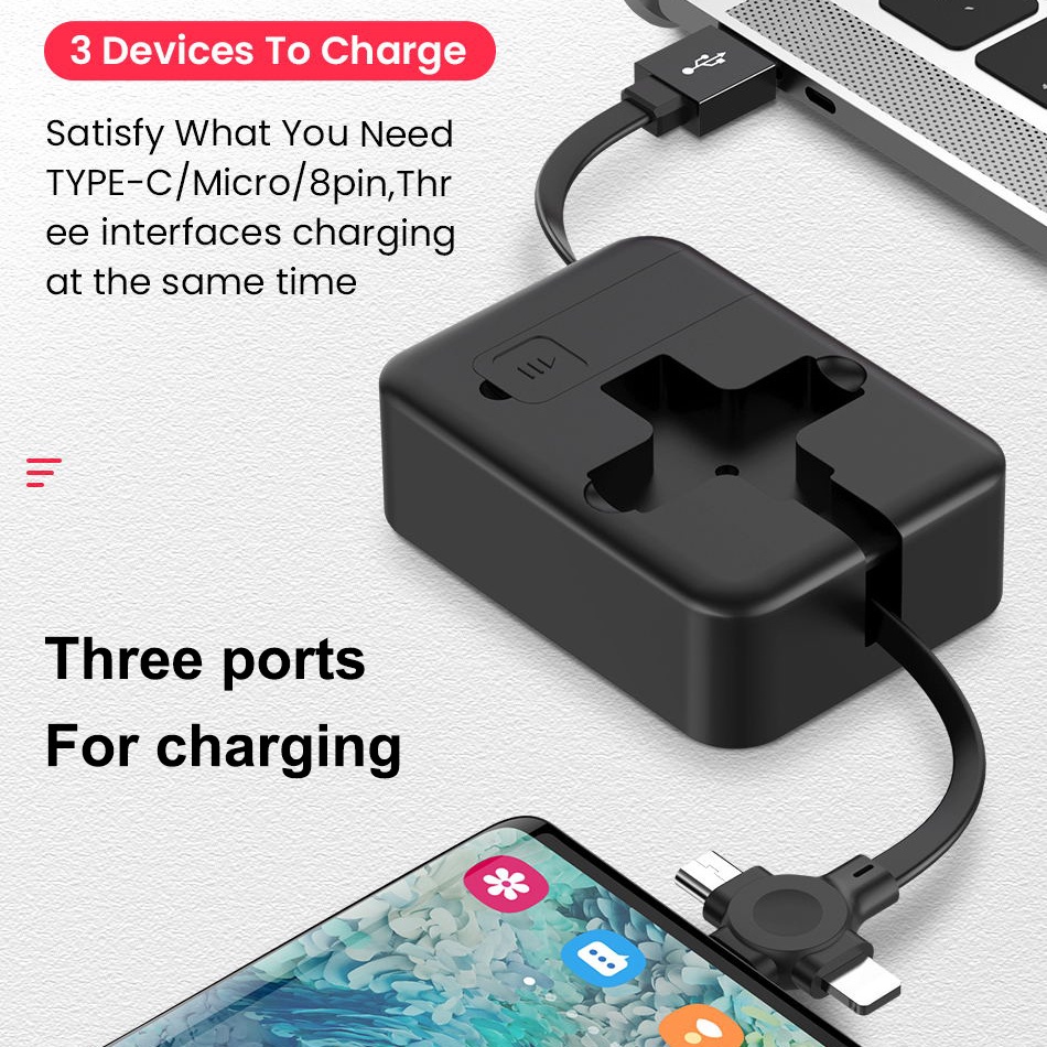 4 In 1 Kabel Data / Charger Micro USB / Tipe-C Bentuk Kotak Retractable Untuk Android