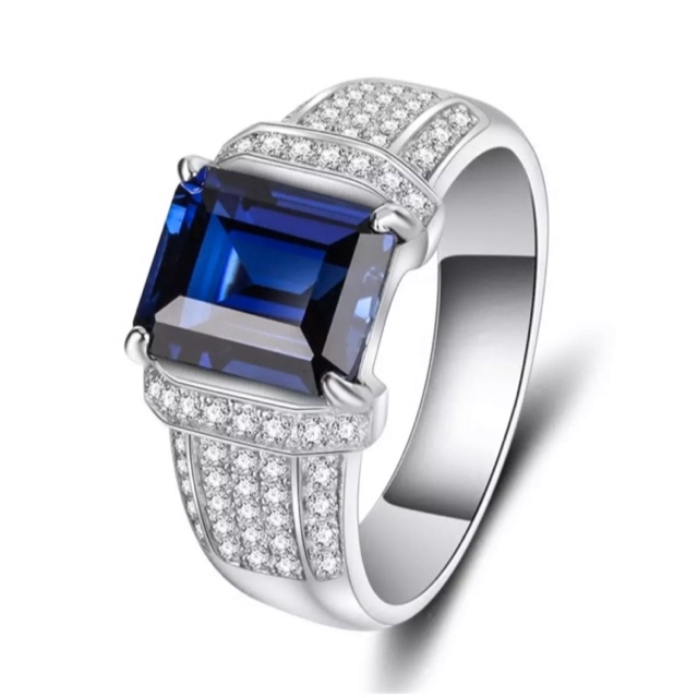 Cincin Pria Perak Blue Saphire Elegan Mewah Berkelas Safir Biru