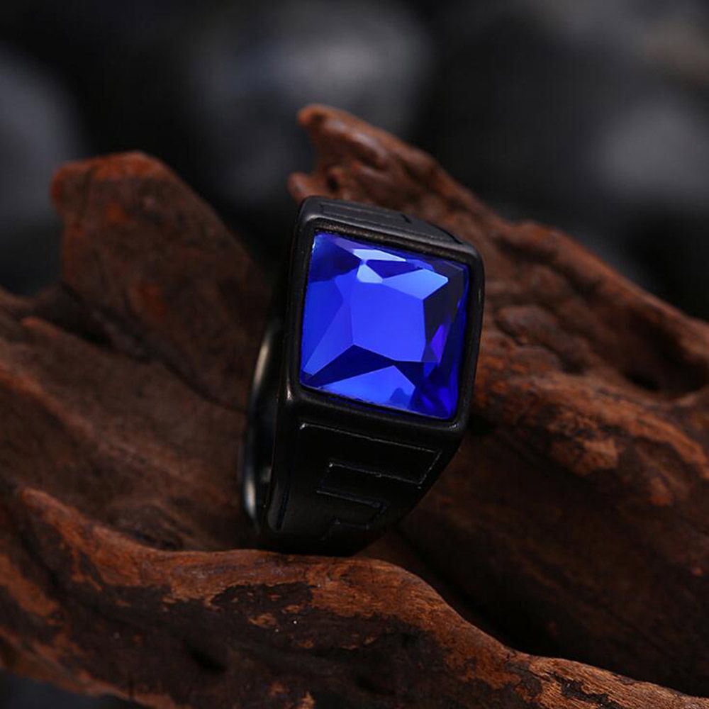 Safir Pria wanita Perhiasan Fashion Hitam Baja Titanium Kristal biru Batu permata Cincin Rings