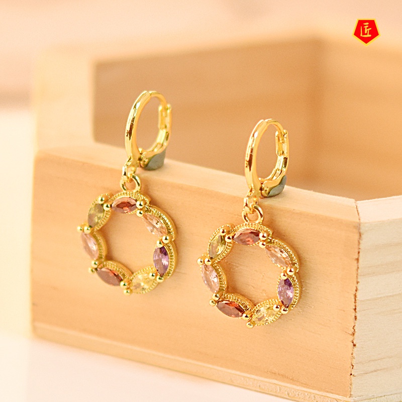 [Ready Stock]Temperament 18K Gold Geometric Shape Colored Gems Earrings