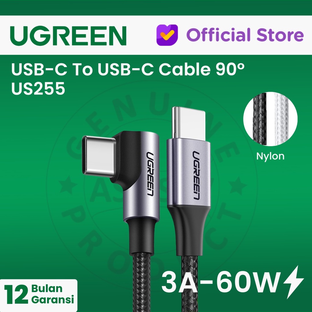 UGREEN USB-C To USB-C Cable 90° 60W/480Mbps Nylon Braided - US255