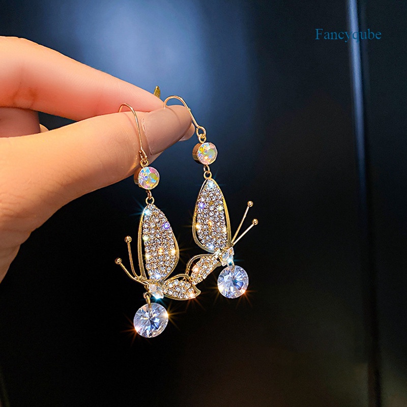 Fancyqube Anting Giwang Mewah Model Kupu-Kupu Gaya Korea Dengan Kristal + Mutiara + Zircon Untuk Wanita