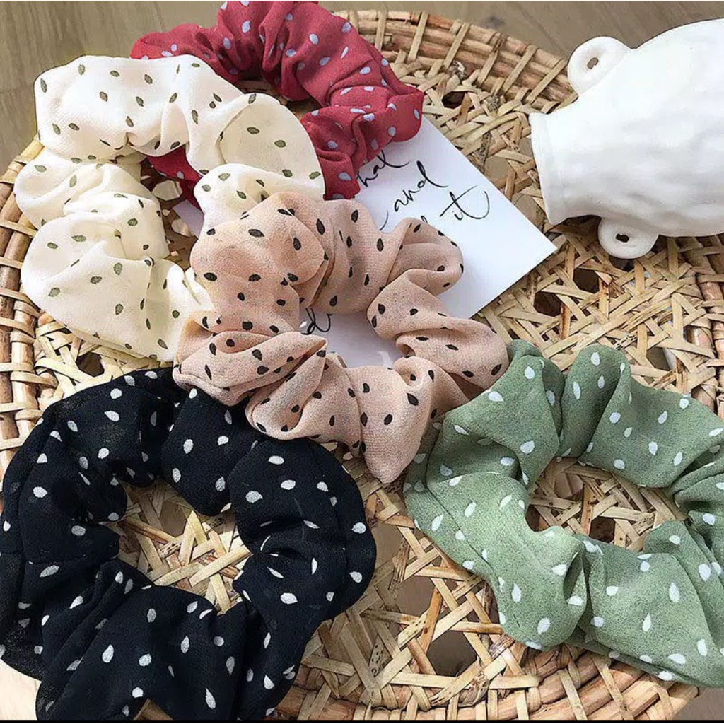 ikat rambut scrunchie kerut korea motif bintik