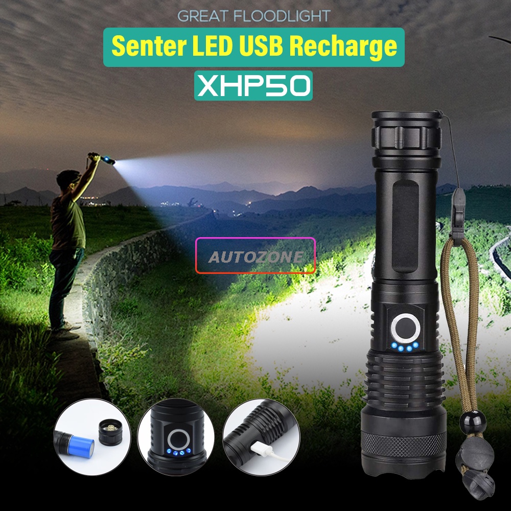 Senter LED Cas Zoom Tactical USB Recharge XHP50 EU Adaptor Lampu Senter Swat Police Super Terang Jar