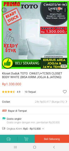 Kloset Duduk Closet Toilet Toto Cw422j/sw422jp White  Complete Set  (bisa Kirim Jogja & Jateng)