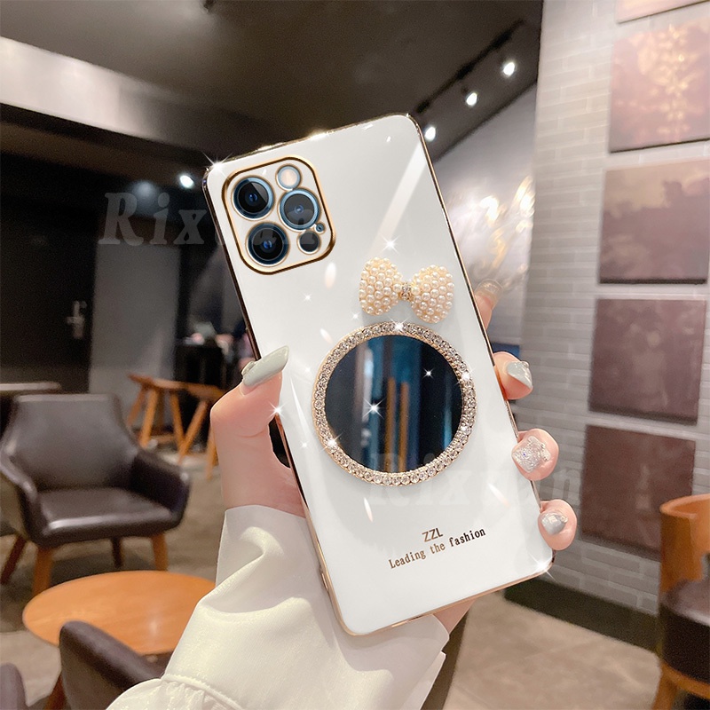 Casing Soft Case Silikon Aksen Mutiara + Pita Untuk Iphone 13 Pro Max 12 Pro 11 Xr Xs