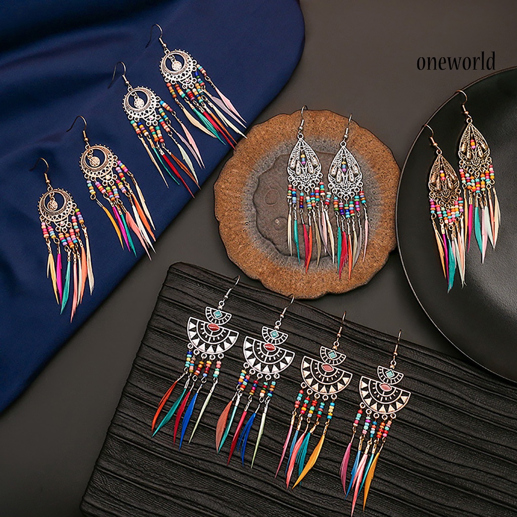 OW# Earrings Retro Romantic Resin Beads Bohemian Feather Tassel Fringe Earrings for Women