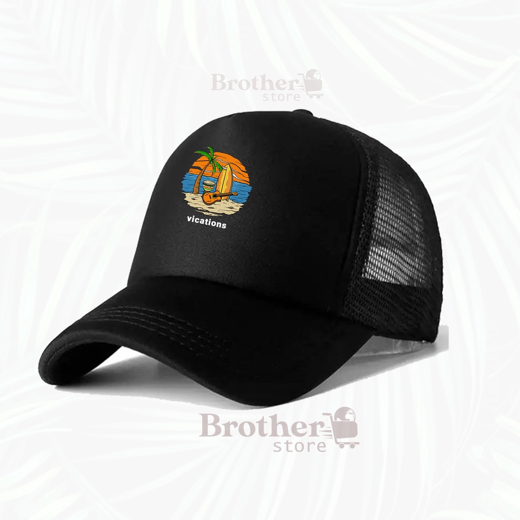 Topi Trucker Jaring Articlel vications Topi Trucker print hitam - Premium