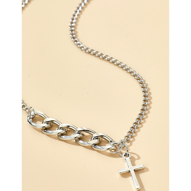 LRC Kalung Fashion Silver Color Cross Stitching Chain Alloy Necklace K98540