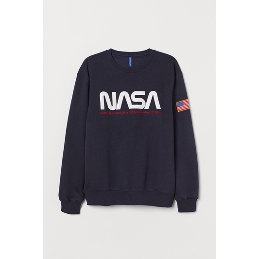 ( 8.8 ) Crewneck Sweatshirt H&amp;M Unisex Sablon Nasa Bordir Bendera Usa, Flecee Katun Lembut Tebal, Free Papperbag