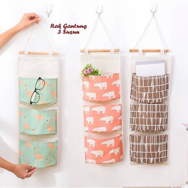 RAK GANTUNG 3 SUSUN BAHAN KAIN POUCH KANVAS serbaguna - random colour