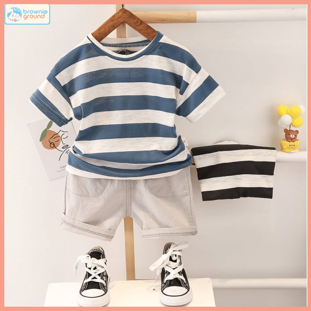 [COD] Setelan pendek anak 0-5 tahun motif garis grey &amp; biru / baju anak stelan anak lengan pendek impor korea / pakaian anak/Brownieground