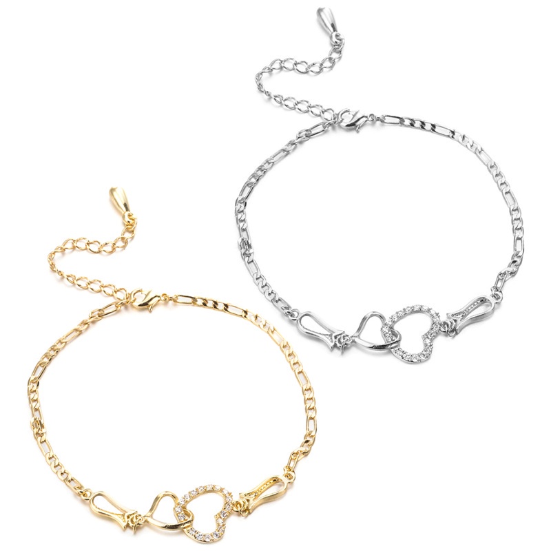 Fancyqube Gelang Kaki Rantai Emas 14k Desain Dua Hati Hollow Hias Berlian Gaya Klasik Untuk Wanita