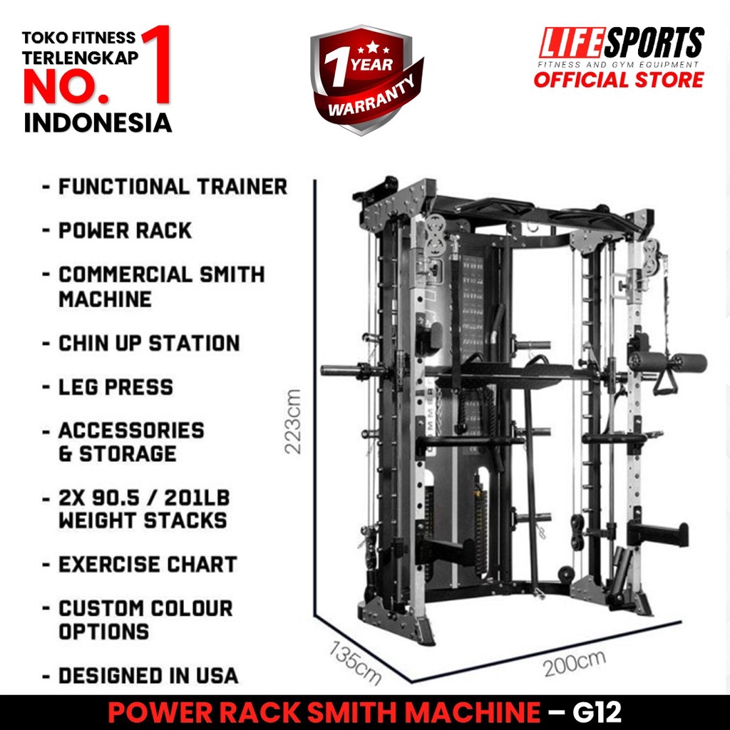 LIFESPORTS - New Alat Olahraga Fitness Sport Gym Trainer Multi Power Rack Smith Machine Multifungsi G 12 USA Commercial