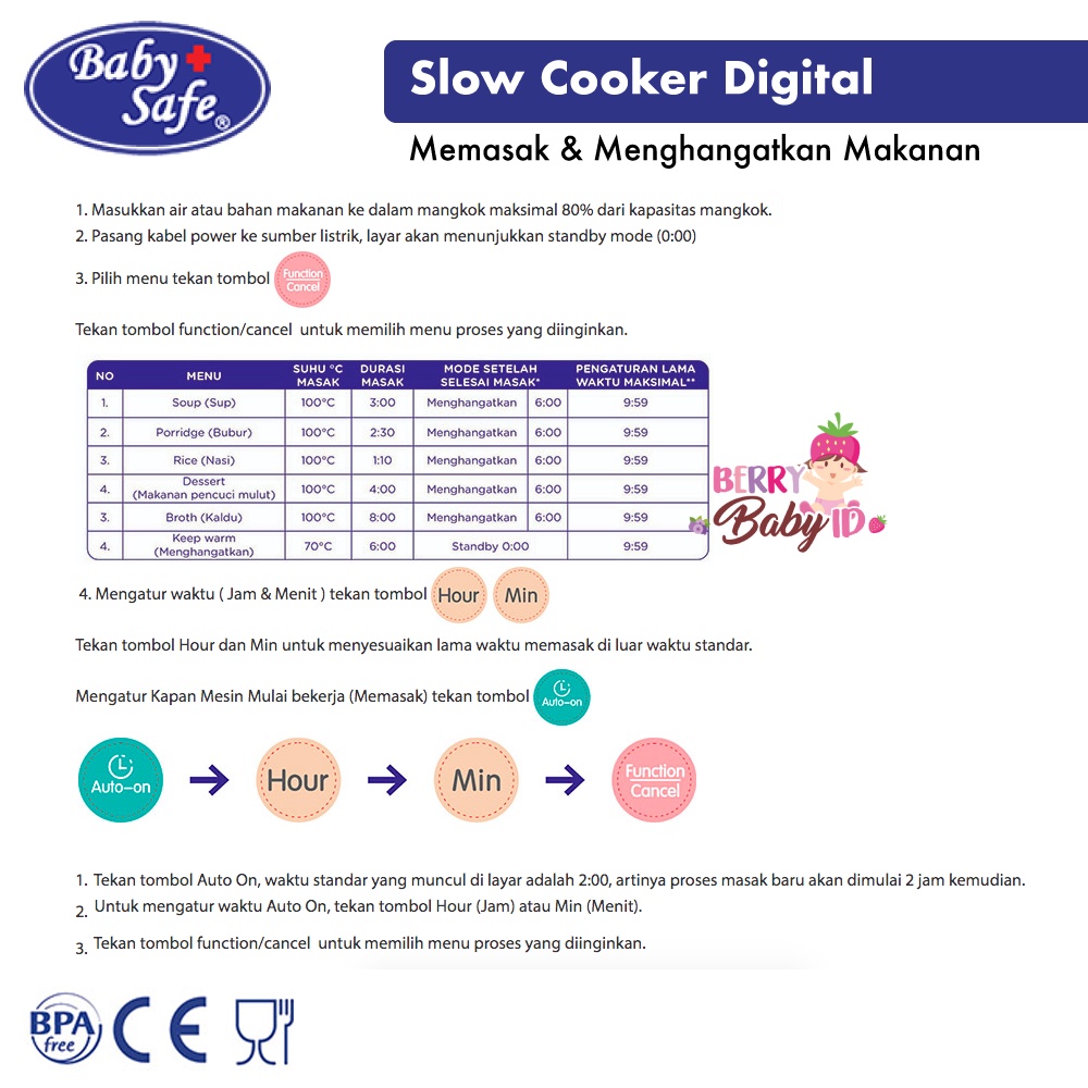 Baby Safe Digital Slow Cooker Multifungsi LB06D Perlengkapan MPASI 1.5L 1,5L BBS092 Berry Mart