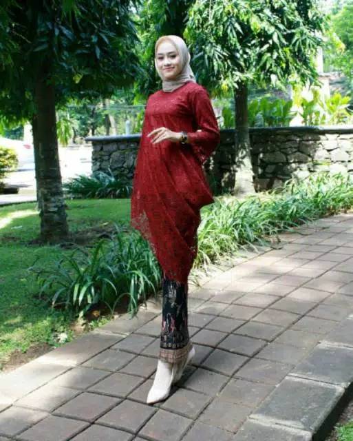 TERBARU!!! Setelan kebaya brukat tunik menceng / kebaya modern / kebaya kekinian / maroon / navy