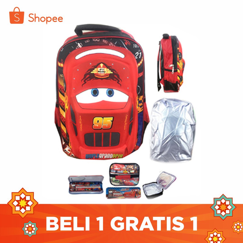 FREE ONGKIR + RAINCOVER Tas Ransel Sekolah SD Cars McQueen 3D Timbul Hard Cover LBKP