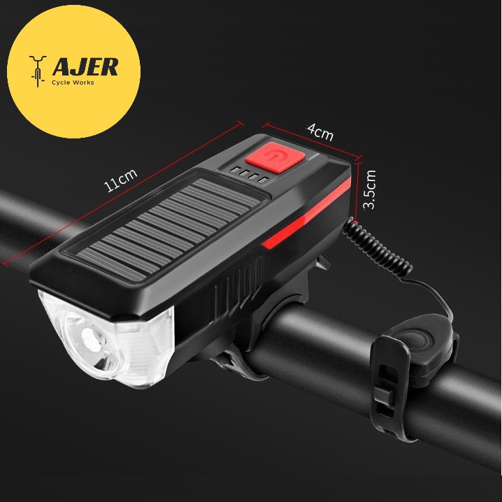 Lampu Klakson bel sepeda depan Solar Panel rechargeable tenaga surya matahari LED waterproof