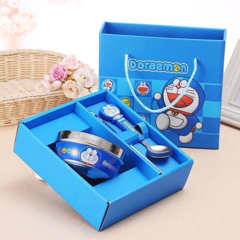 Set 3Pcs Mangkuk Makan + Sendok + Sumpit Bahan Stainless Steel Motif Kartun untuk Bayi