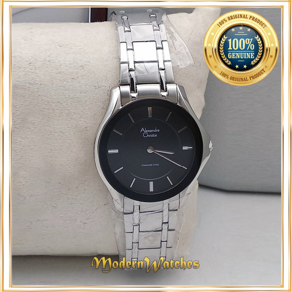 Jam Tangan Ori Wanita Alexandre Christie AC 8605 Silver Hitam Black Tali Rantai Classic Simpel