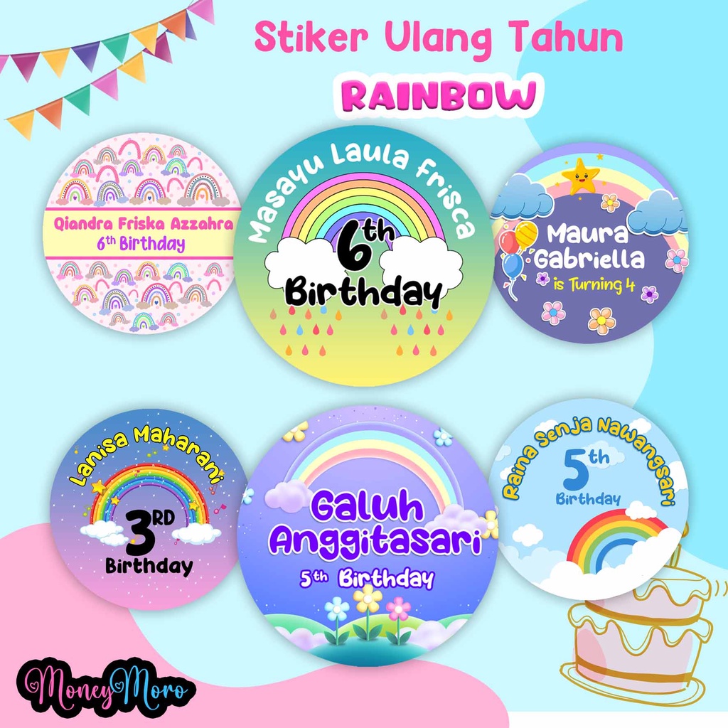 

MoneyMoro Stiker Ultah Rainbow Label Ulang Tahun Stiker Birthday
