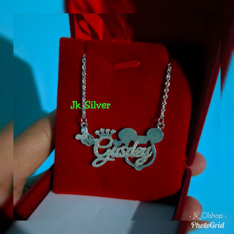 kalung ukir nama motif Miki mouse (Perak murni)