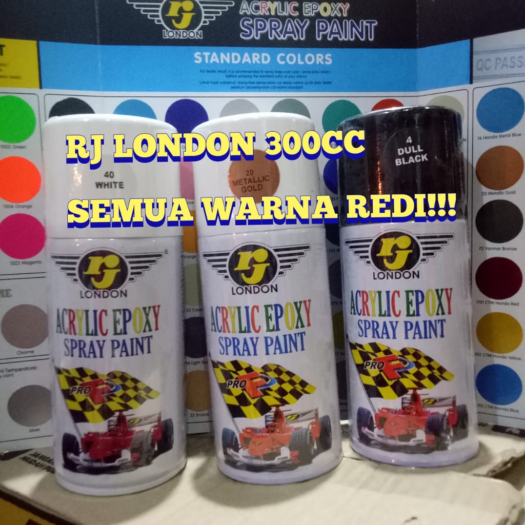 3.cat semprot pilok rj 300cc rj london 1140 pearl white 2537 met gold dragon hitam doff  1148 met new blue 1380 light jade putih clear poxy pernis