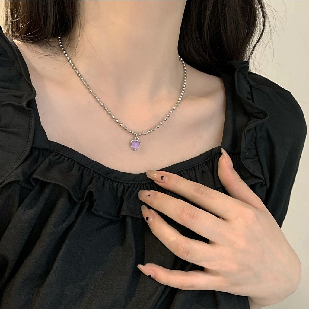 Kalung Rantai Choker Liontin Manik-Manik Hati Warna Silver Untuk Wanita