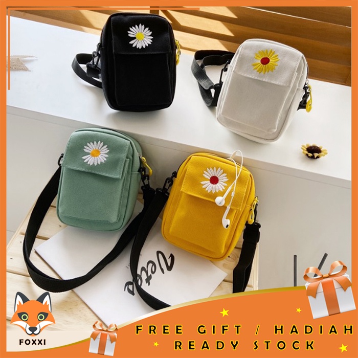 Foxxi - Tas slempang Wanita motif bunga / Tas Selempang Kanvas / Tas Ponsel Korea Kasual Kecil Daisy