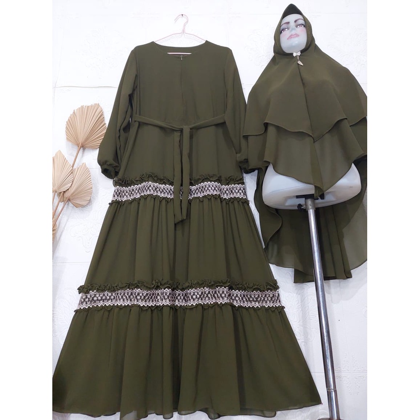 Gamis Ceruty Renda 2undak Terbaru Set Khimar | Gamis Syari Busui Ceruty Babydoll