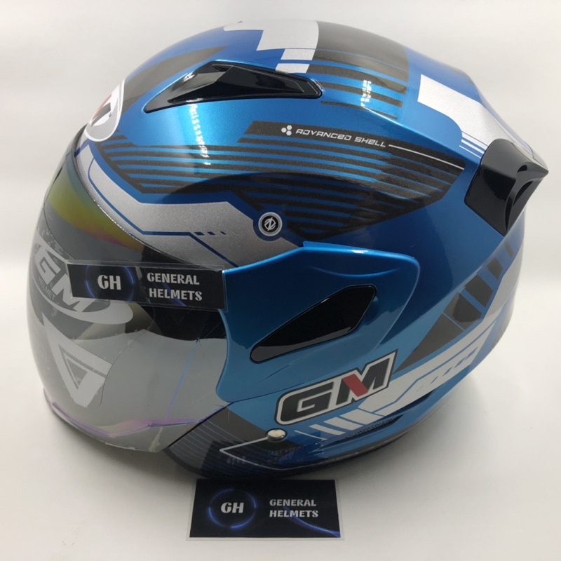 HELM GM FIGHTER VENDER BLUE METALIC SILVER BIRU METALIK ABU HALF FACE