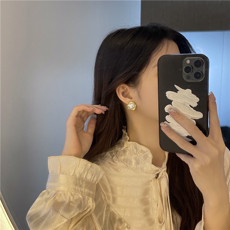 Anting Mutiara Elegan Persegi Geometris Simple lady korea