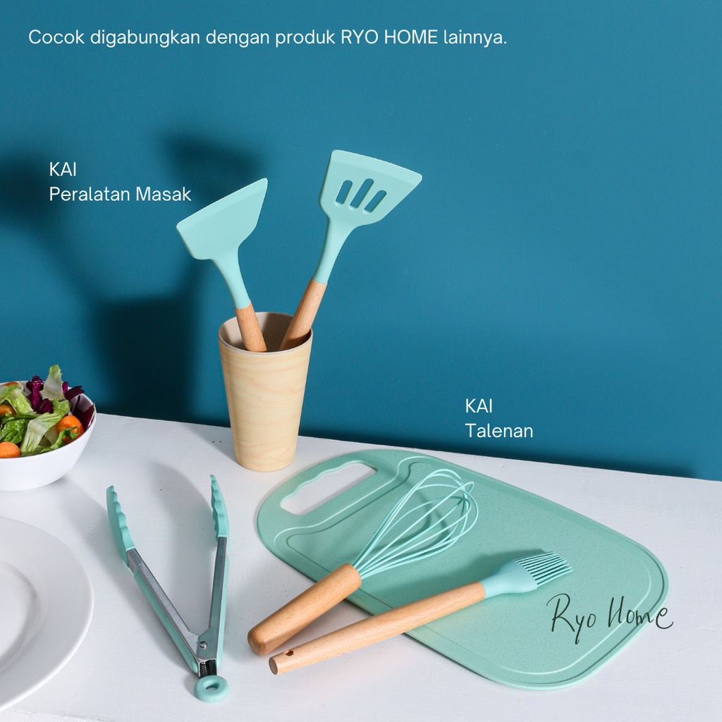[ RYO ] KAI Peralatan Masak Bahan Silikon Dengan Gagang Kayu  / Slotted Spatula Set Silicone / Kitchen tools / Alat masak / Perlengkapan Dapur / Penjepit Makanan / Tongs / Pengocok Telur / Whisk / Kuas / Brush / Silica Gel Food Grade-7