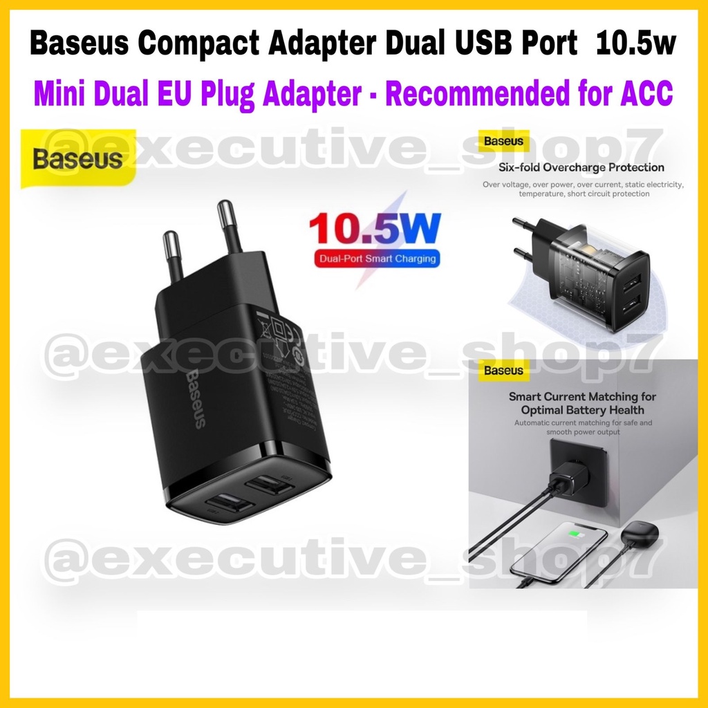 Baseus Compact Adapter Dual USB Port 10.5W - Mini Dual EU Plug Adapter - Recommended for ACC - Garansi Resmi 6 Bulan