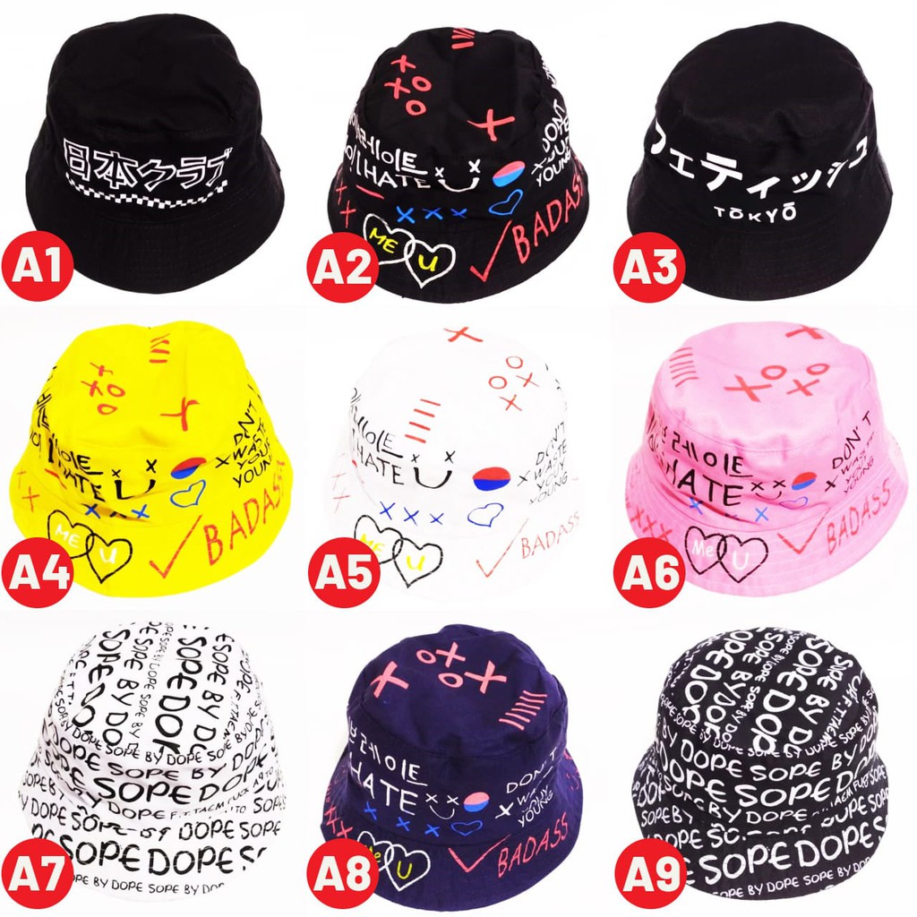 Topi Bucket Motif Tokyo Japan Catur Colourful Los Angeles LA Brooklyn Pelangi Mancing Pantai