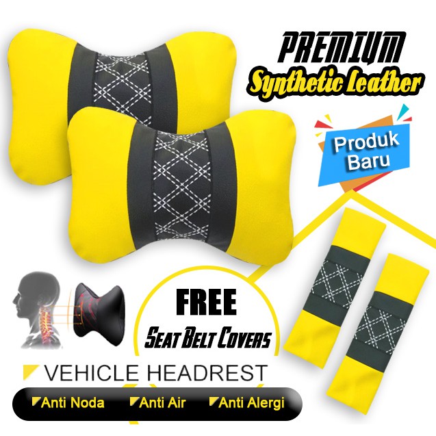 Satu set Bantal Mobil Kulit Headrest Seatbelt