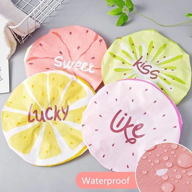 1PC Cute Fruit Women Household Adjustable Elastic Band Shower Cap / Waterproof Plastic Reusable Bath Shower Hat / Bathing Accessories