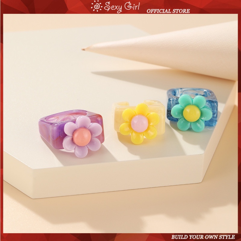 Cincin Bahan Akrilik Resin Warna Permen Bentuk Bunga Untuk Wanita