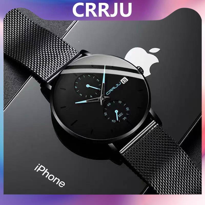 Jam Tangan Pria CRRJU Fashion Korea Stainless Steel Kalender Kuarsa Tahan Air Jam Tangan Cowok Men's Watch