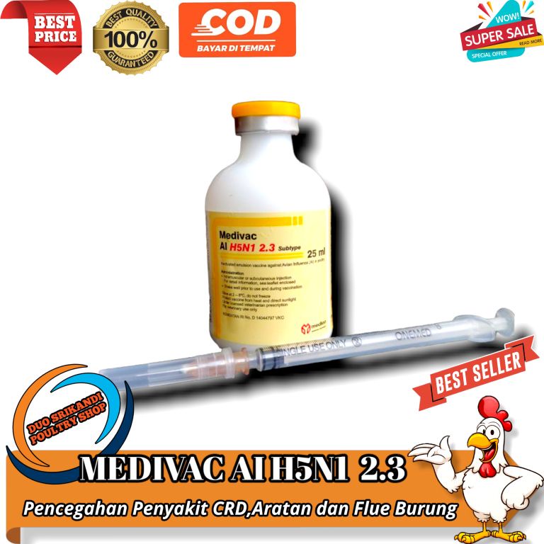 Vaksin Medivac AI H5N1 2.3 Dosis 25 ml - free spuit 1 ml Pencegahan Virus dan Flue Burung