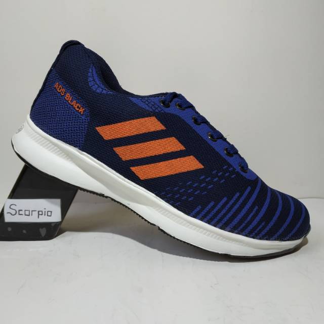 Sepatu sneakers pria cowok cowo adidas biru strip orange sport lari nn462