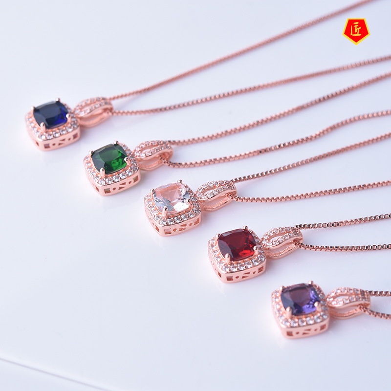 [Ready Stock]European and American Women's Shiny Zircon Square Diamond Pendant Noble Temperament