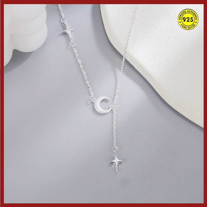 Kalung Rantai Sterling Silver 925 Dengan Liontin Bulan Sabit + Rumbai Untuk Wanita