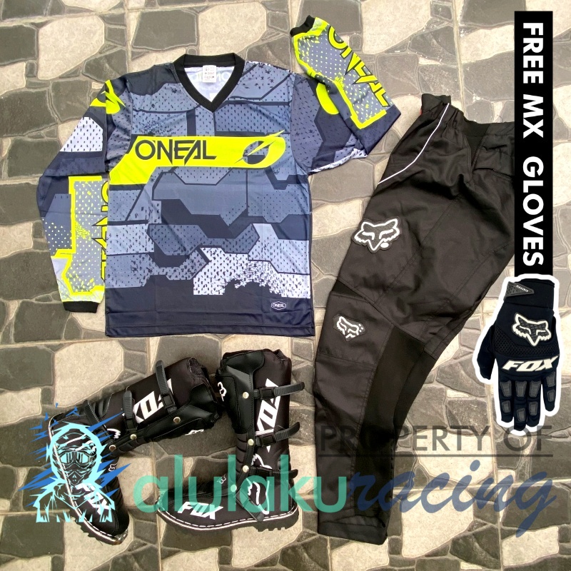 Jersey, Celana, Sarung Tangan &amp; Sepatu Fullprint with Protectors Fullset MX Trail Motocross - Paket Bundling ONCTFG110101-F41