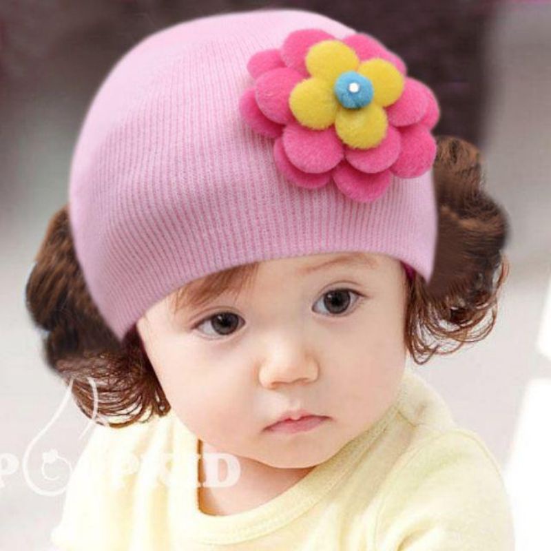 Topi Rajut Bayi Perempuan Kupluk Dengan Rambut Palsu Wig pendek 1-5 tahun