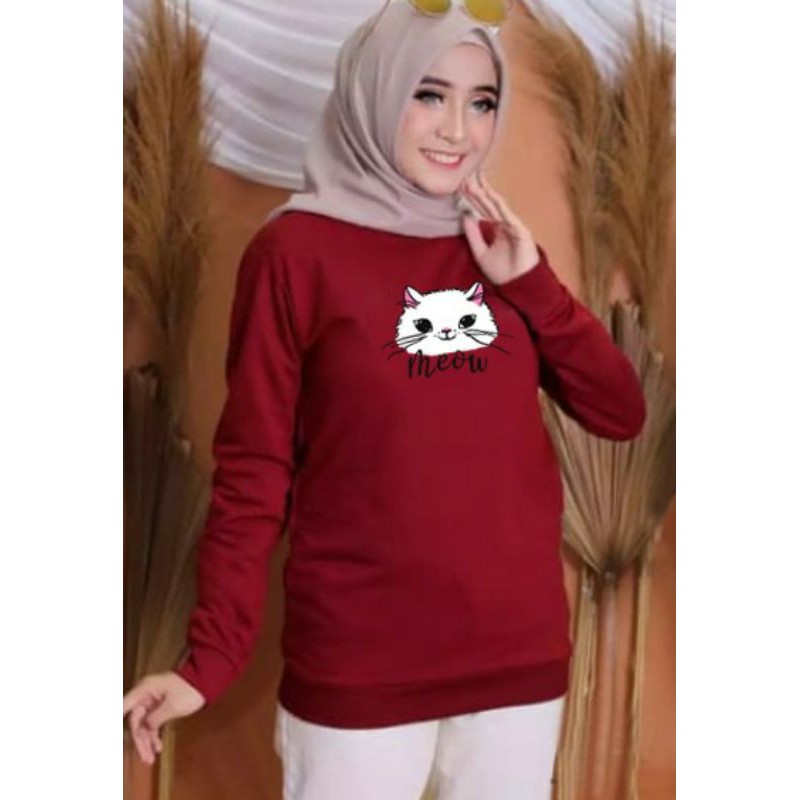 Kaos Lengan Panjang kepala MEOW / Kaos Sweatshirt / Atasan Wanita / Atasan Wanita Lengan Panjang